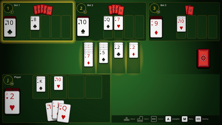 Animation: a turn playing out on the Classic table, cards landing on the shared piles.