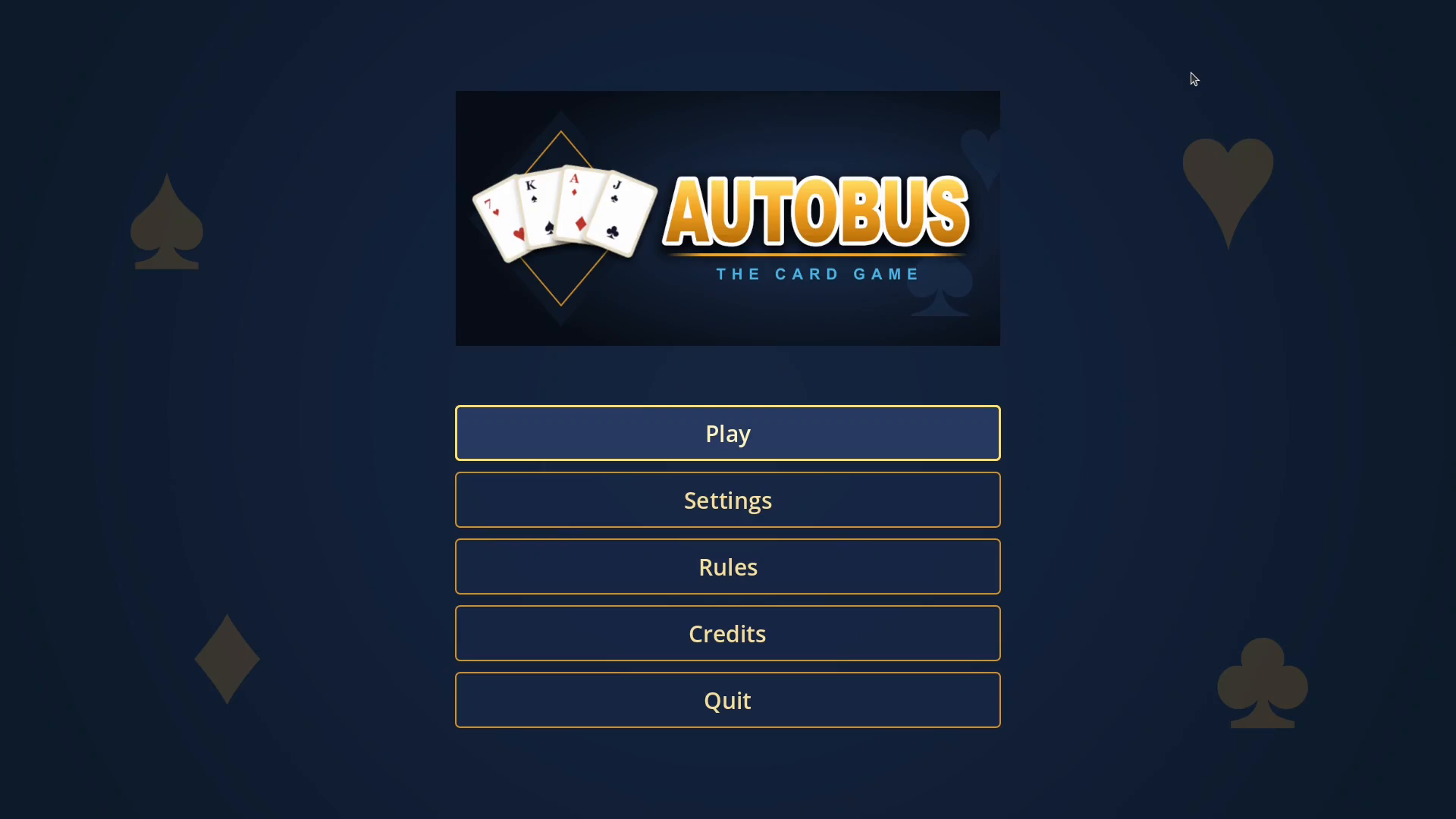 Main menu with the Autobus logo over a blue table with large suit watermarks.