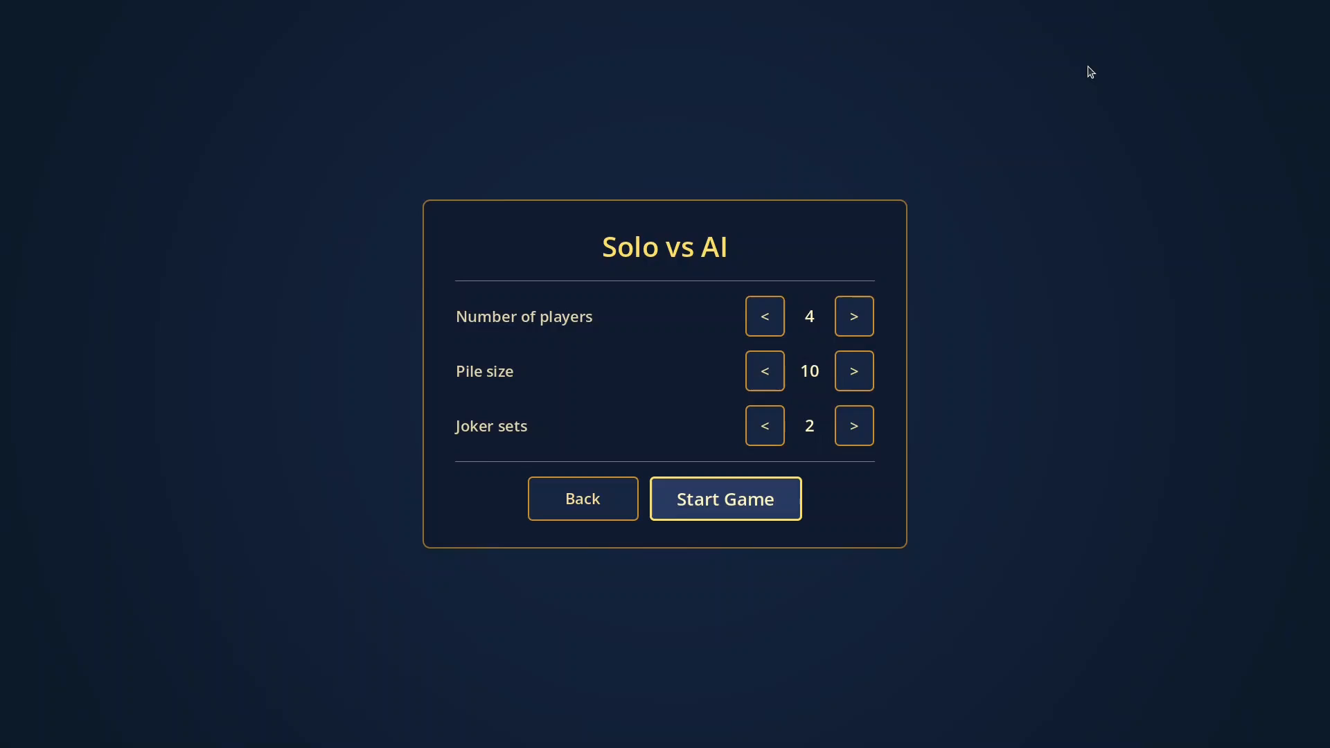 Match setup screen with controls for number of players, pile size and joker sets.
