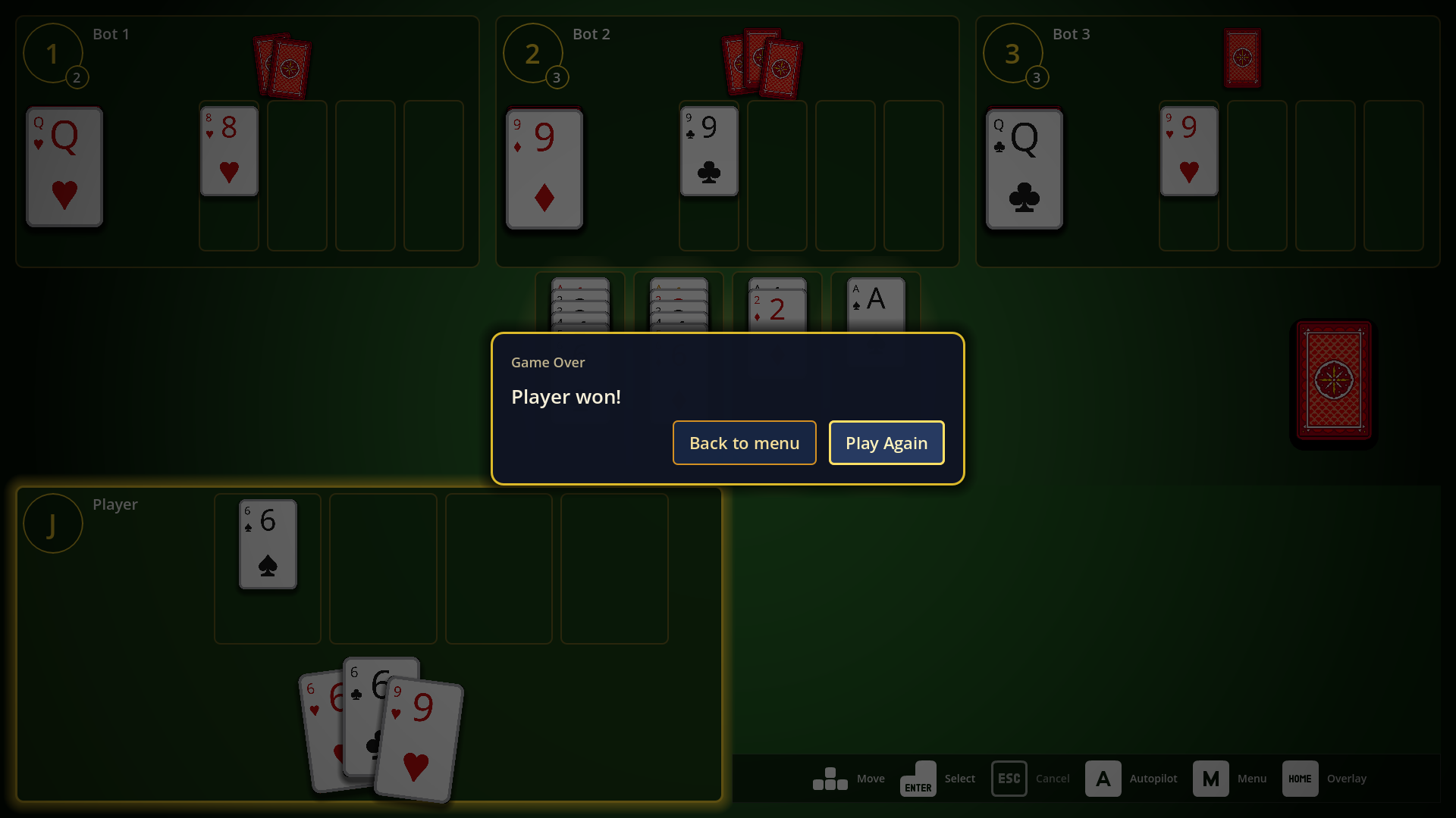 End of a match with the Player won message over the table.