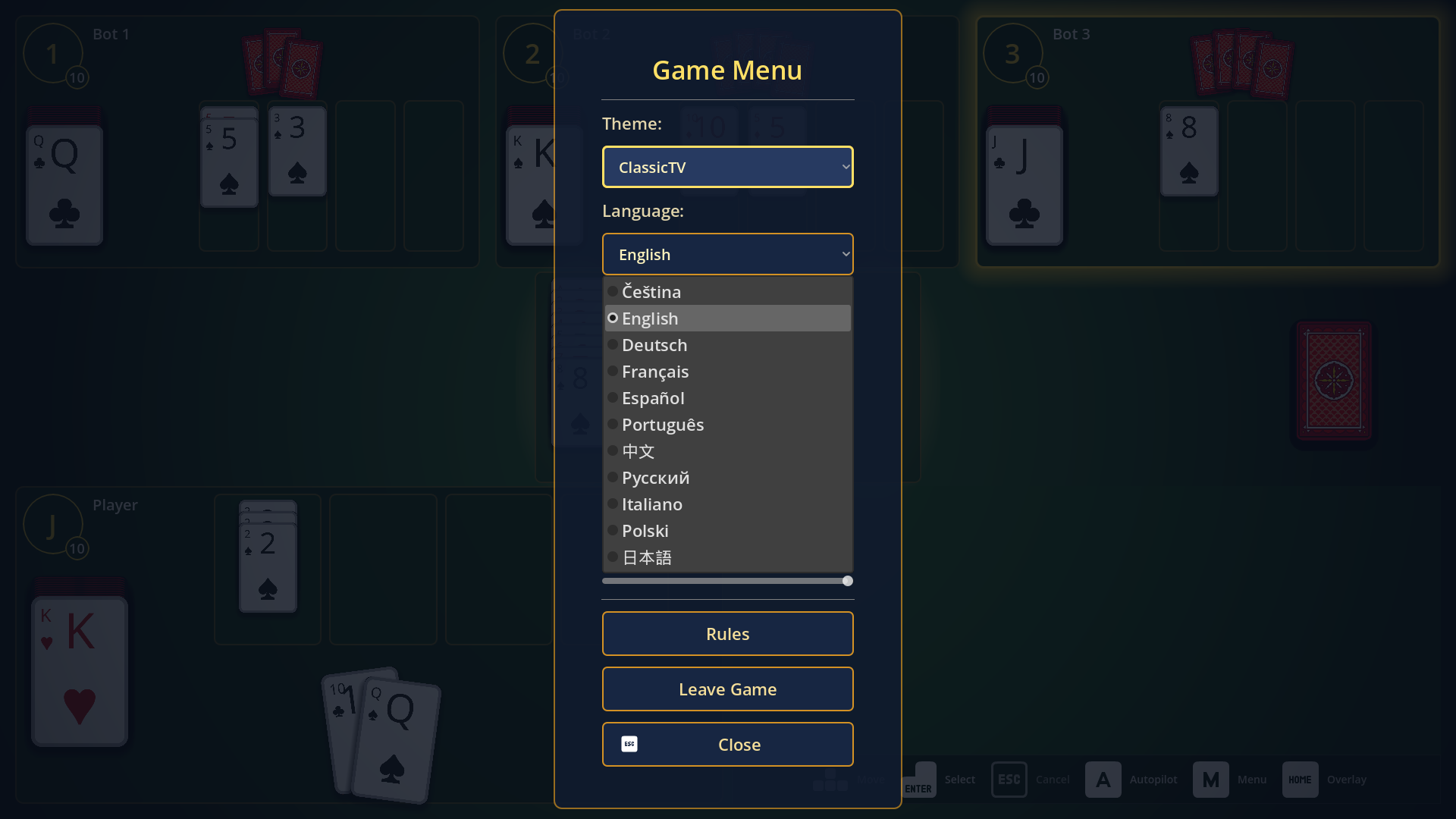 In-game menu with the language list open, showing eleven languages in their own scripts.